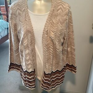 Alfred Dunner Beige Chevron Open Cardigan with Brown Trim